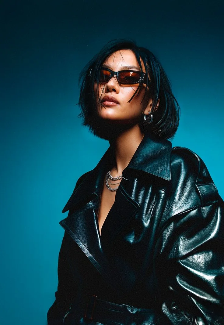 Woman in a black leather trench coat and tinted sunglasses against a deep teal backdrop.