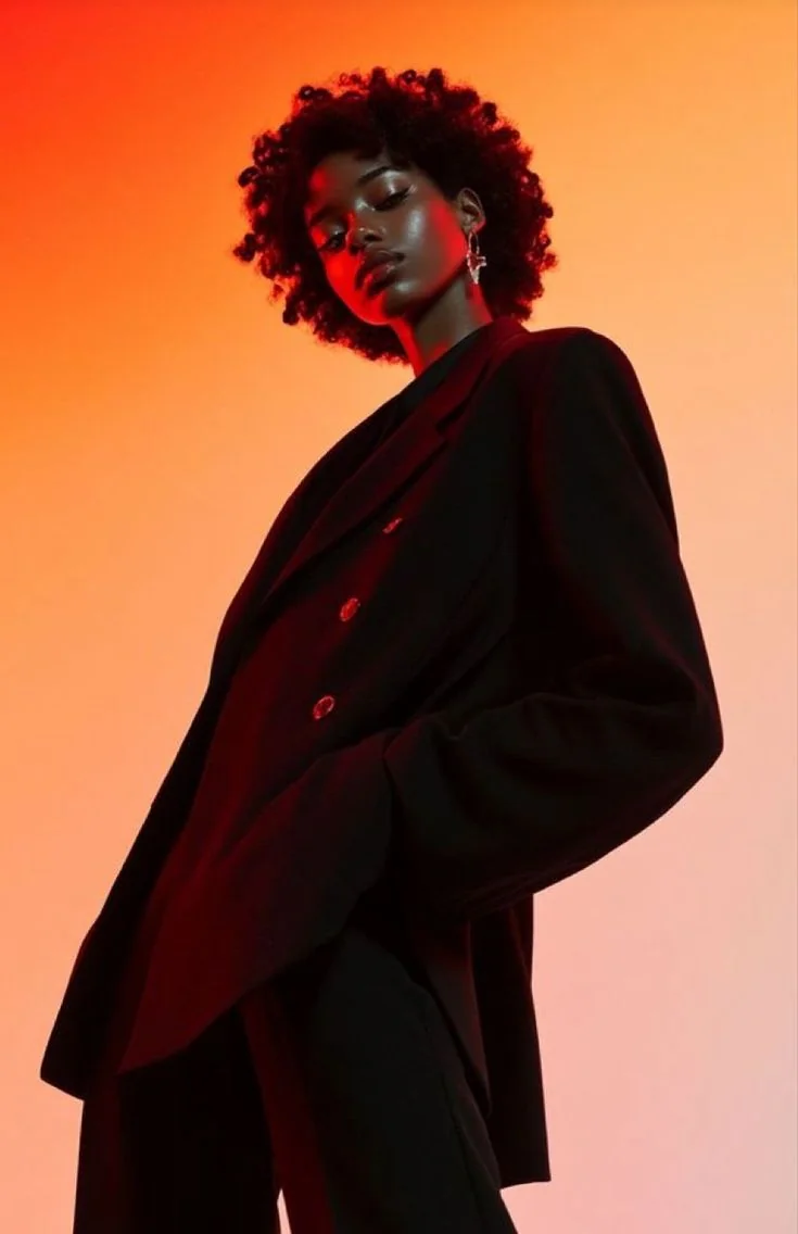 Low-angle portrait of a woman in an oversized black suit against an orange-to-pink gradient.