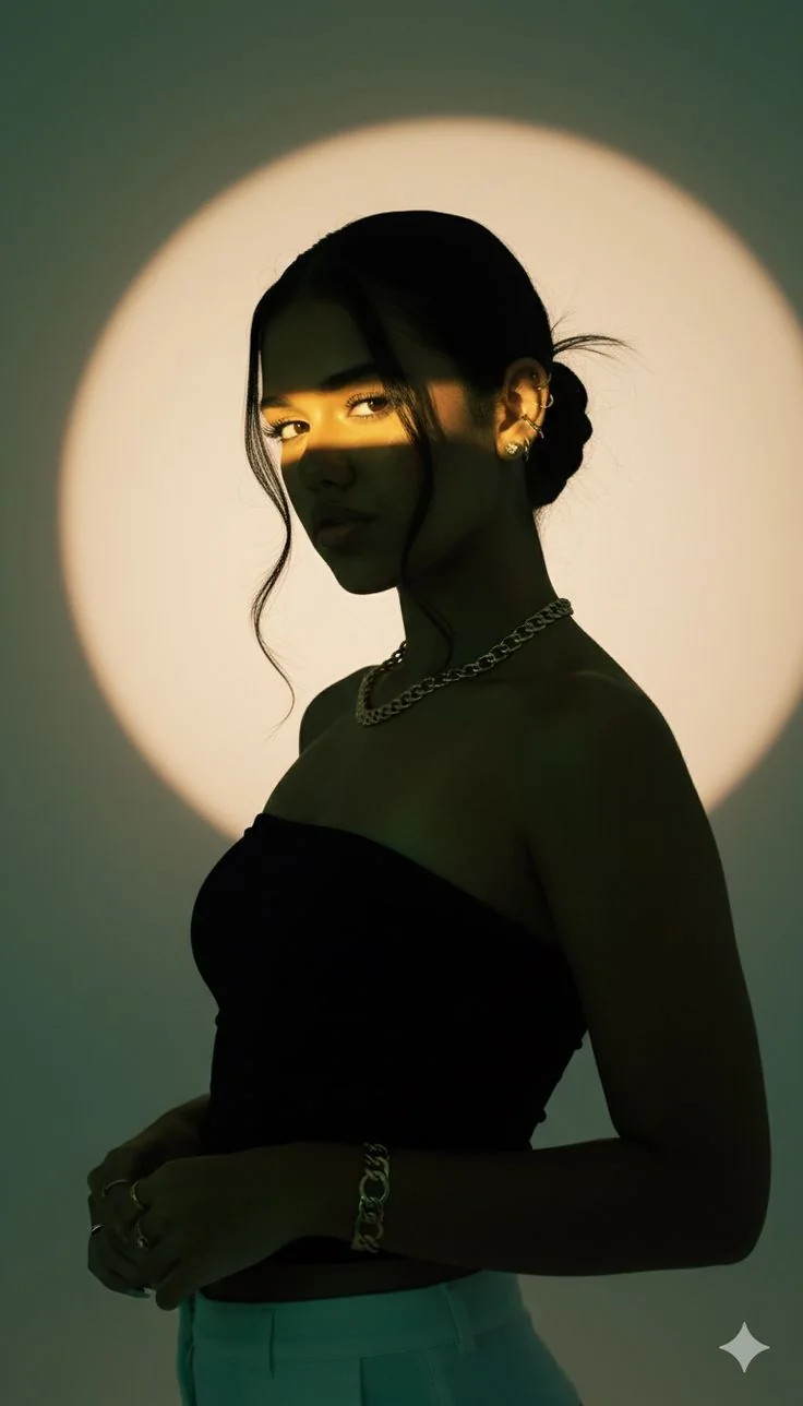 Woman in a black strapless top, a stripe of golden light across her eyes, in front of a circular spotlight.