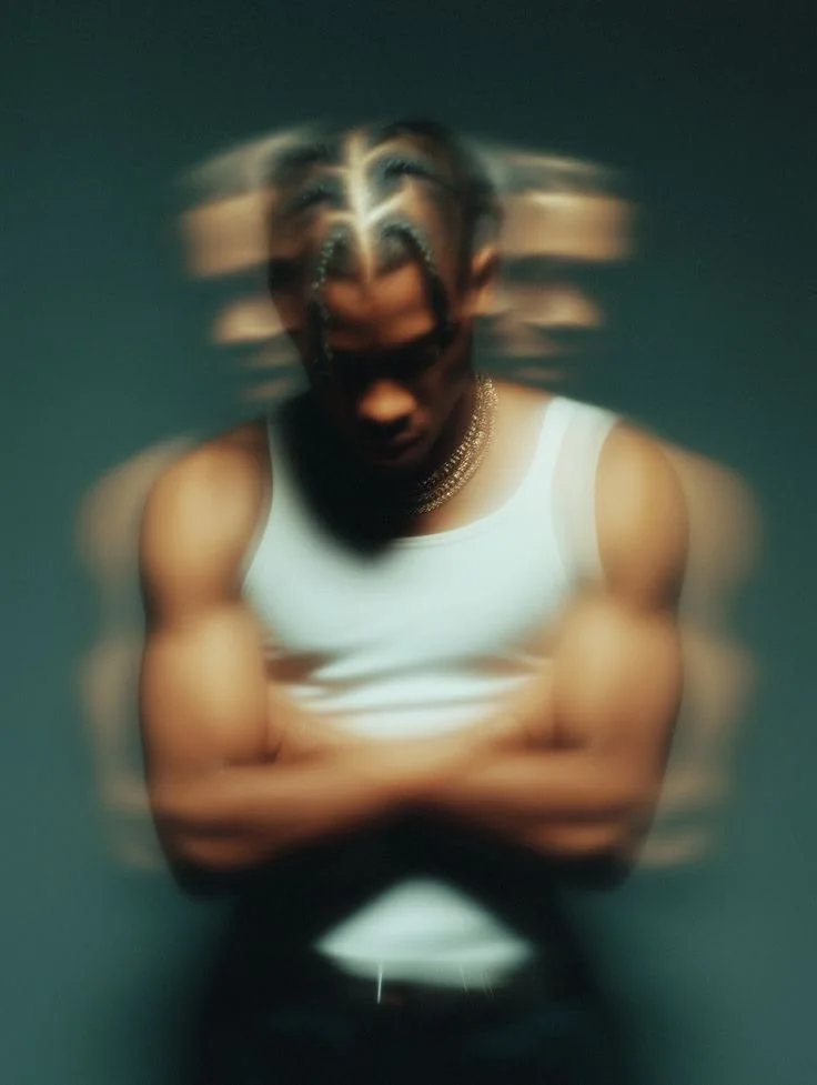 Long-exposure portrait of a man with braids in a white tank top, arms crossed, motion trails around him.