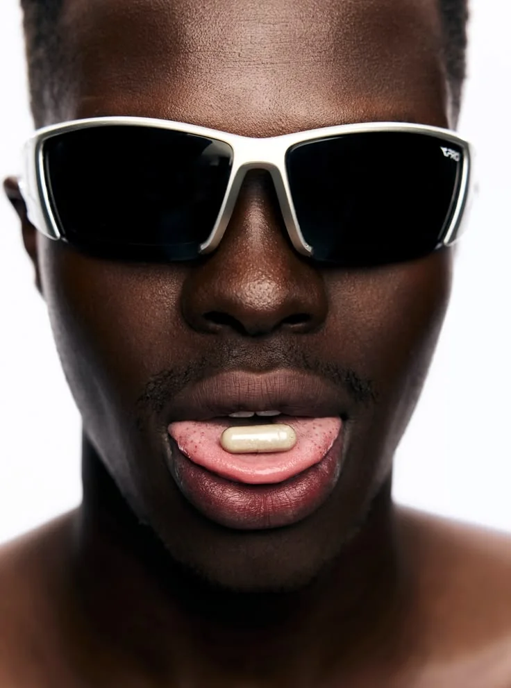 Close-up of a man in white sport sunglasses holding a capsule on his tongue, in high-key light.